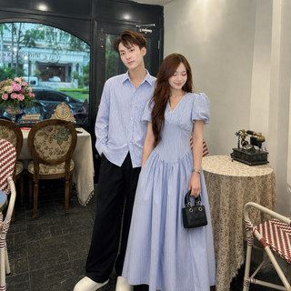 (S - 93) [XẢ KHO] Set đồ đôi nam nữ couple sọc xanh maxi phối ren 2lớp và áo sơmi nam tay dài ,đồ đôi mặc cùng người yêu