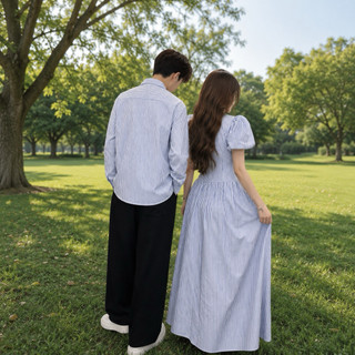 (S - 93) [XẢ KHO] Set đồ đôi nam nữ couple sọc xanh maxi phối ren 2lớp và áo sơmi nam tay dài ,đồ đôi mặc cùng người yêu