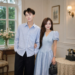 (S - 93) [XẢ KHO] Set đồ đôi nam nữ couple sọc xanh maxi phối ren 2lớp và áo sơmi nam tay dài ,đồ đôi mặc cùng người yêu