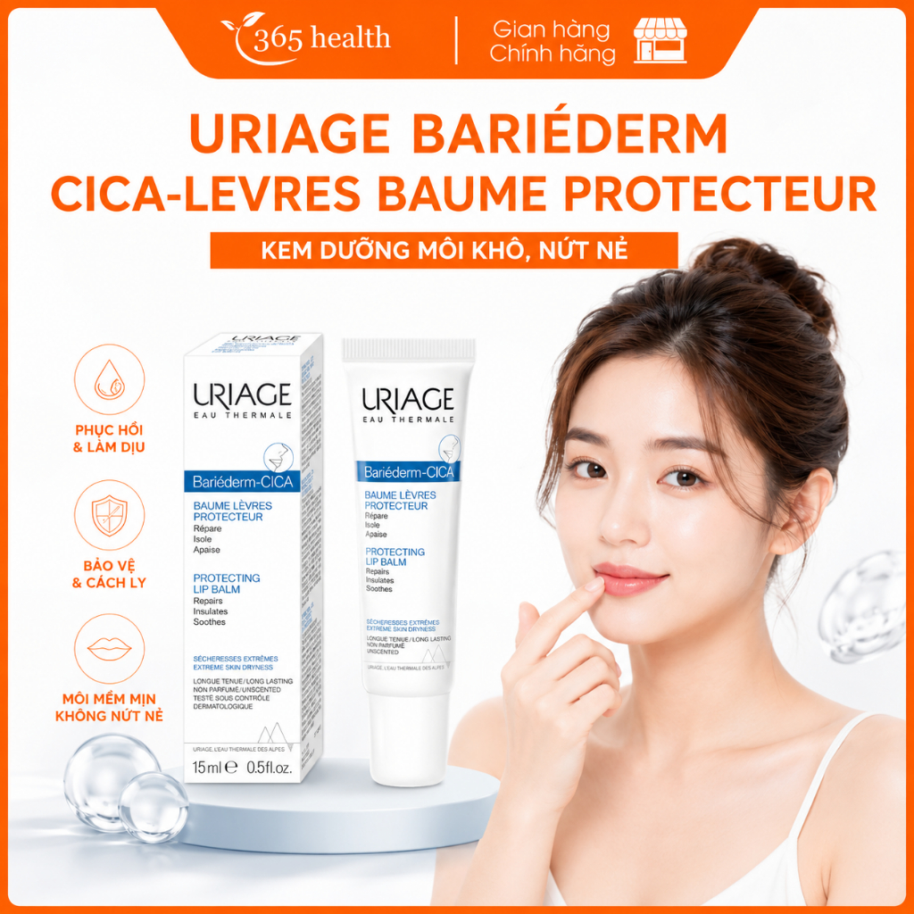 Kem chăm sóc môi khô, nứt nẻ Uriage Bariéderm Cica - Levres Baume Reparateur Tuýp 15ml