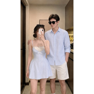 (S - 94) [GIÁ MỞ BÁN] Set đồ đôi nam nữ couple váy 2 dây kẻ sọc phối ren và áo sơmi nam tay dài( không quần),đồ mùa hè