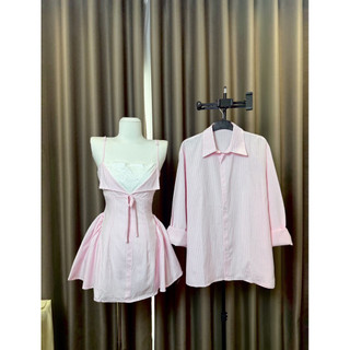 (S - 94) [GIÁ MỞ BÁN] Set đồ đôi nam nữ couple váy 2 dây kẻ sọc phối ren và áo sơmi nam tay dài( không quần),đồ mùa hè