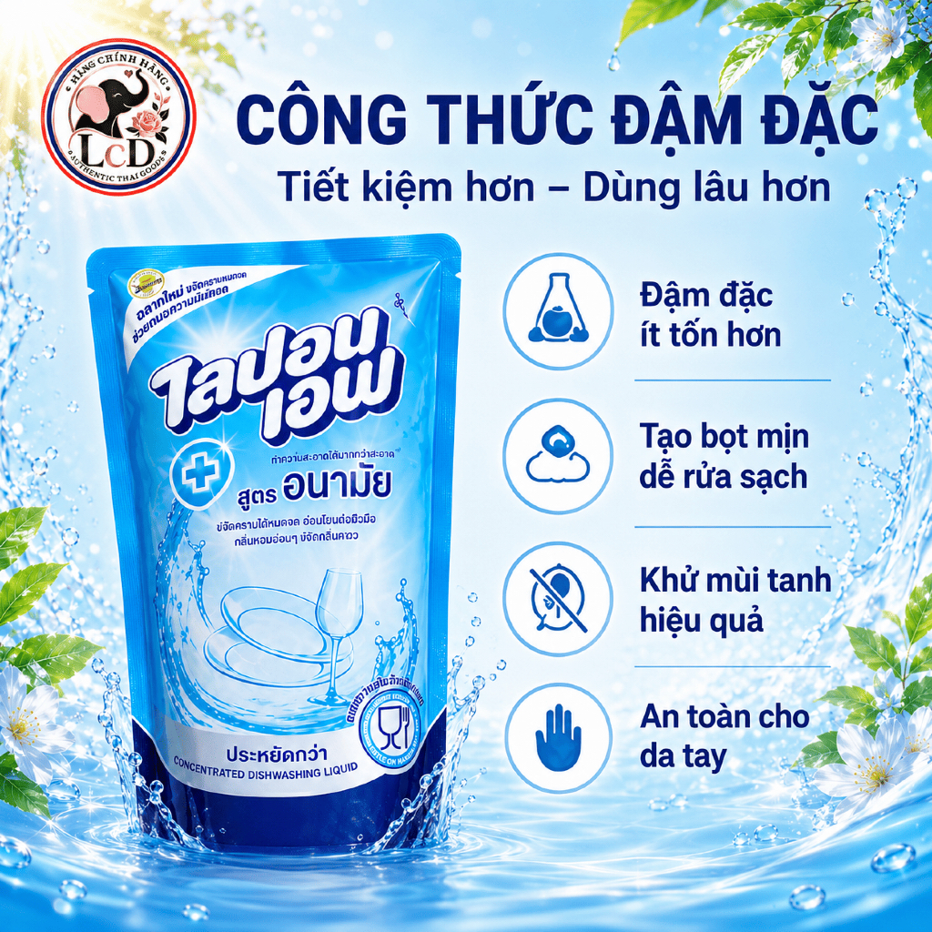 Combo 3 Túi nước rửa bát Thái Lan Lipon 550ml không mùi, an toàn cho da tay - LcD STORE
