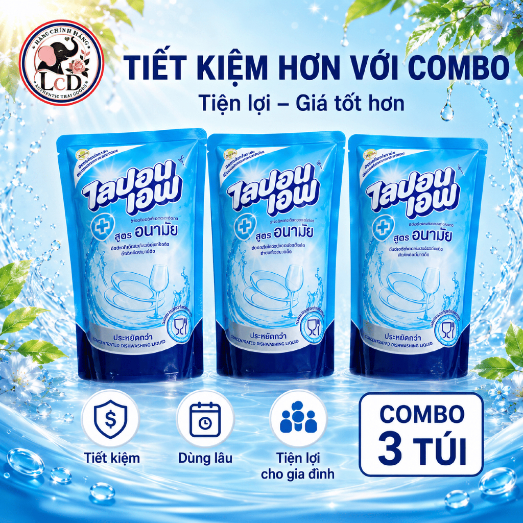 Combo 3 Túi nước rửa bát Thái Lan Lipon 550ml không mùi, an toàn cho da tay - LcD STORE