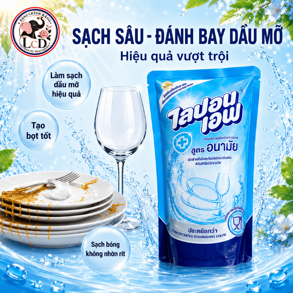 Combo 3 Túi nước rửa bát Thái Lan Lipon 550ml không mùi, an toàn cho da tay - LcD STORE