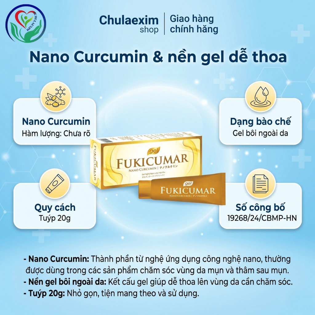 Fukicumar Gel Nghệ Nano Curcumin 20g gel chấm mụn, hỗ trợ mờ thâm sau mụn