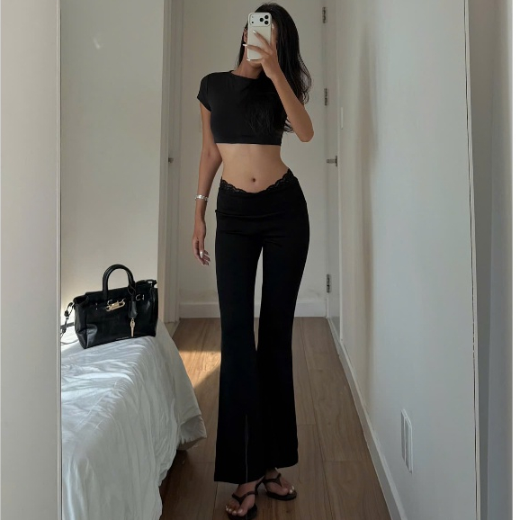 HTIQUE - Quần Ống Loe Phối Ren Cạp Thấp Y2K,Quần Thun Ống Loe Co Giãn Phối Ren Vintage tôn dáng QB32
