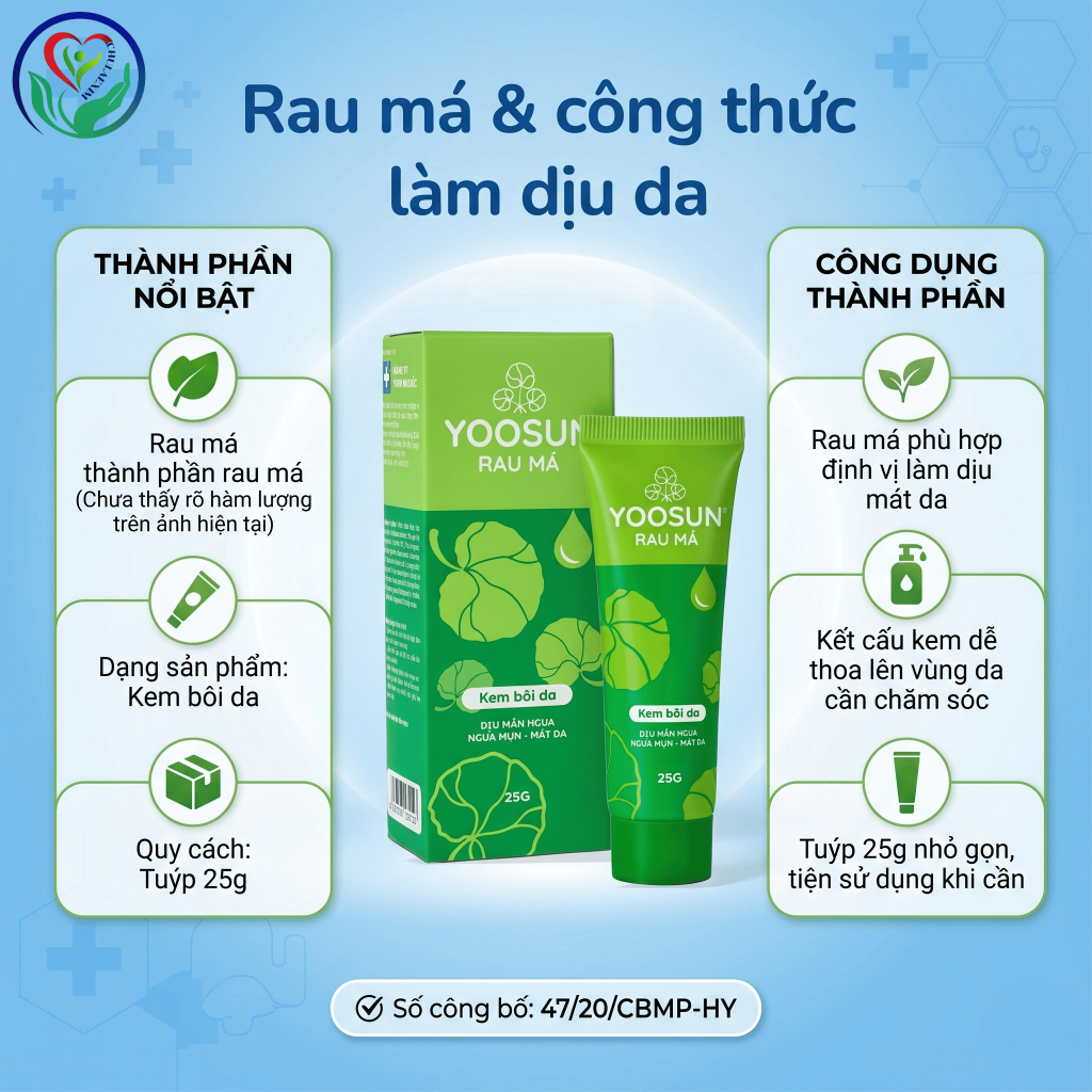 Yoosun Rau Má 25g kem bôi da rau má làm dịu da, hỗ trợ mẩn ngứa, côn trùng cắn, rôm sảy