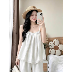 Set áo 2d tùng bí xếp ly phối quần suông dài lưng chun tôn dáng