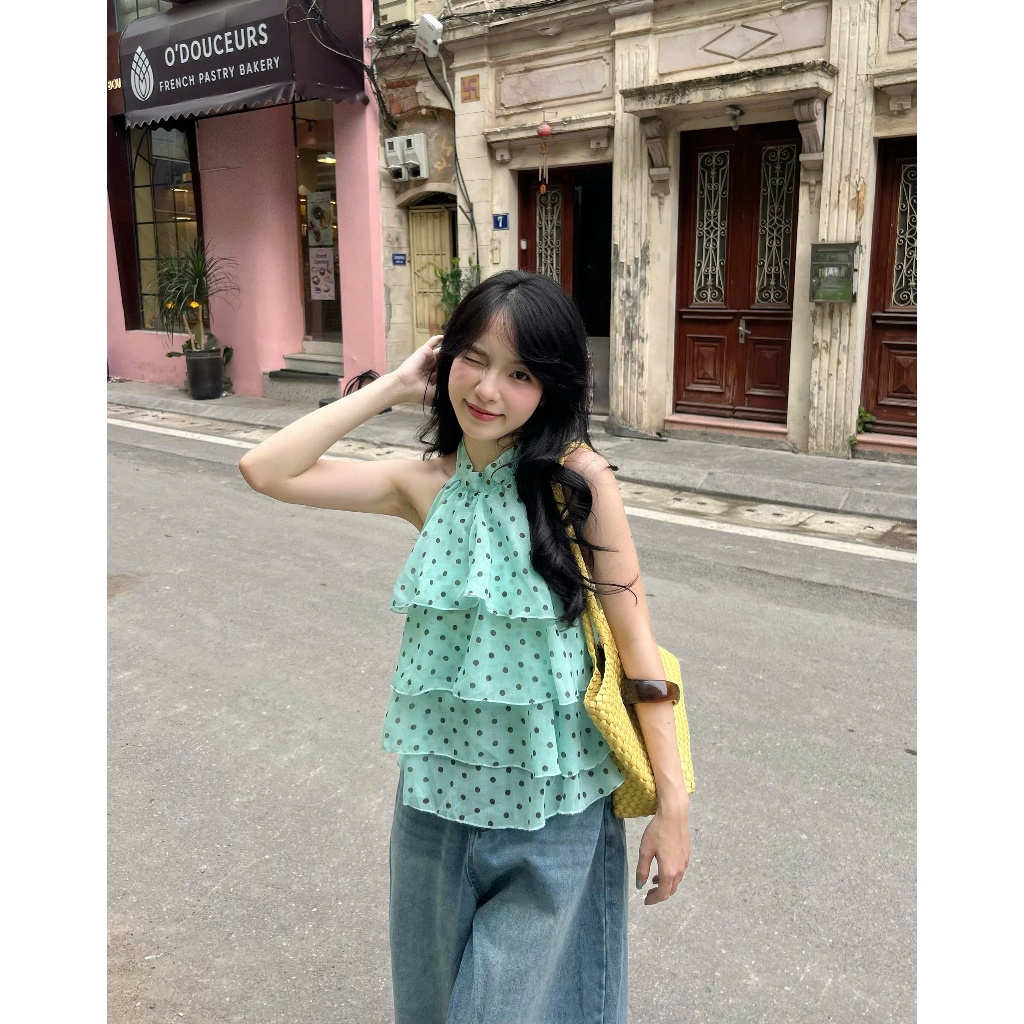 Sẵn Hoả tốc | Elora Top (TSW) Áo cổ yếm bèo tầng chấm bi Nữ the.sweaterweather