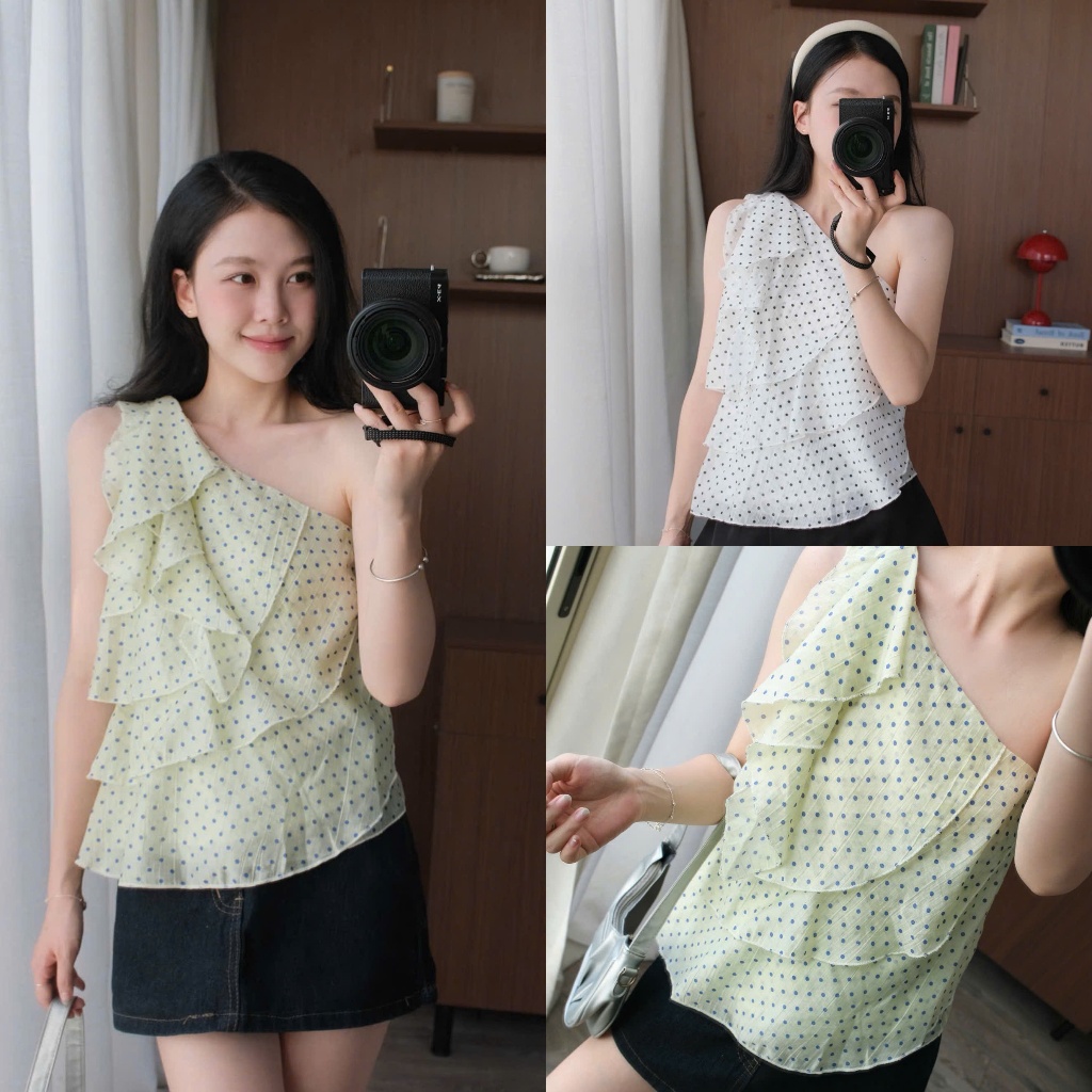 Diana Top (TSW) Áo chấm bi lệch vai xếp tầng Nữ the.sweaterweather