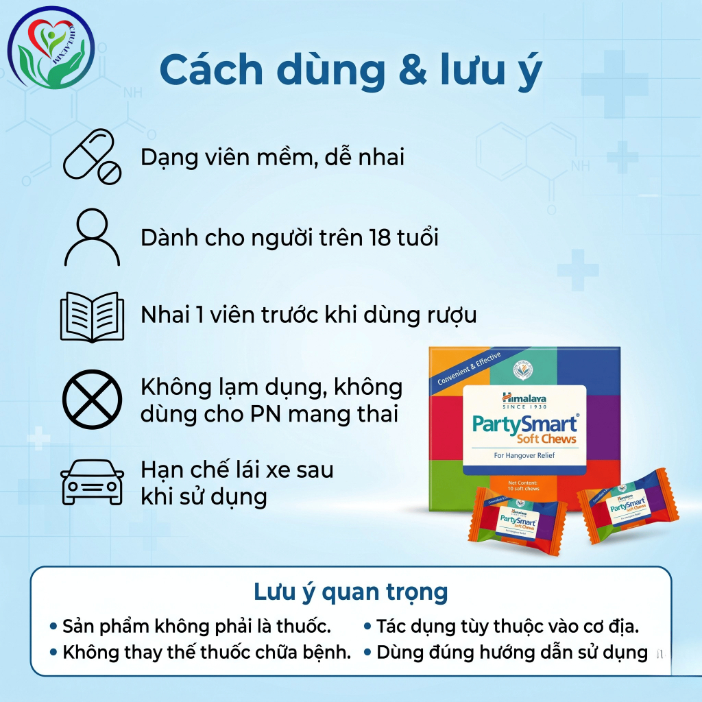 Himalaya PartySmart Soft Chews 2 viên kẹo nhai hỗ trợ giảm khó chịu sau khi dùng rượu bia