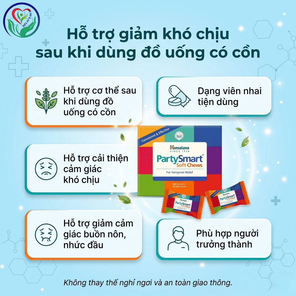 Himalaya PartySmart Soft Chews 2 viên kẹo nhai hỗ trợ giảm khó chịu sau khi dùng rượu bia
