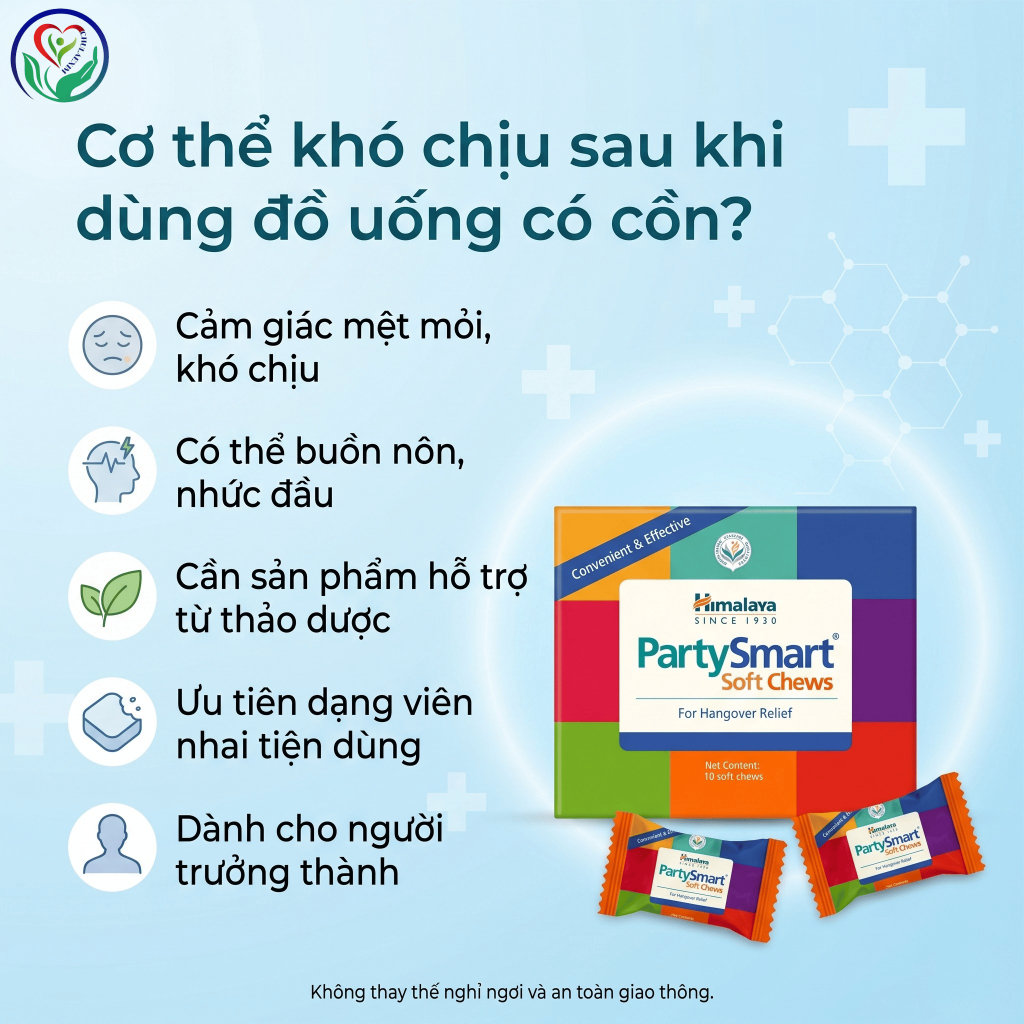 Himalaya PartySmart Soft Chews 2 viên kẹo nhai hỗ trợ giảm khó chịu sau khi dùng rượu bia