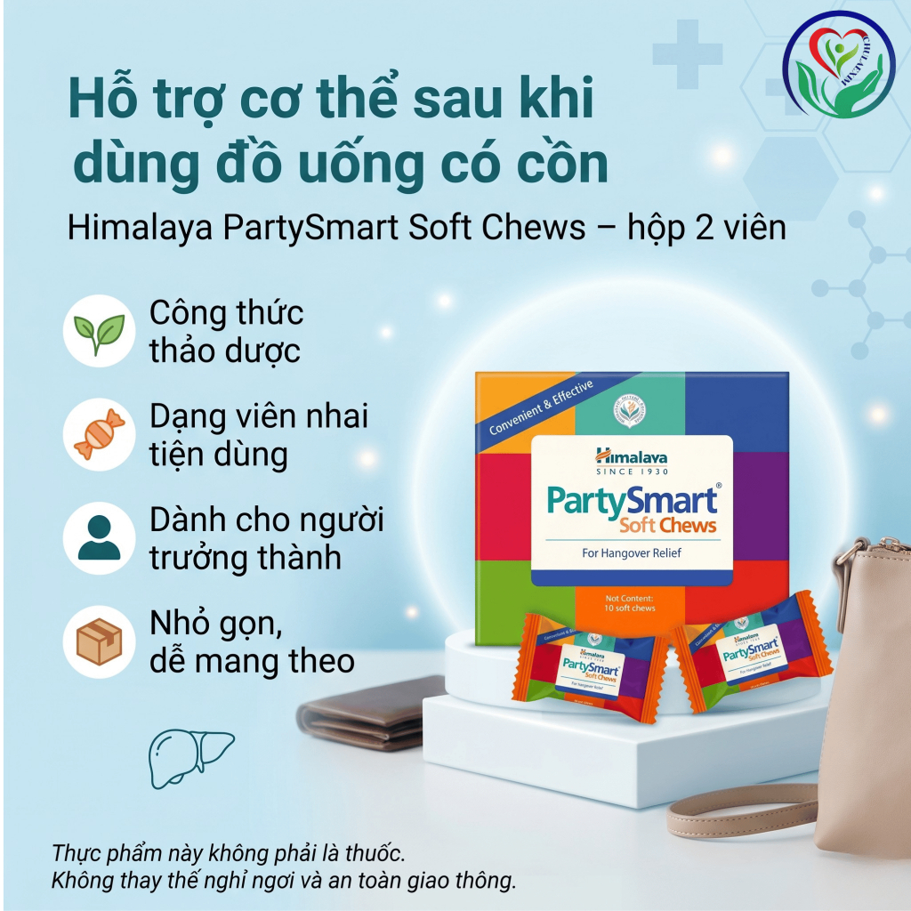 Himalaya PartySmart Soft Chews 2 viên kẹo nhai hỗ trợ giảm khó chịu sau khi dùng rượu bia