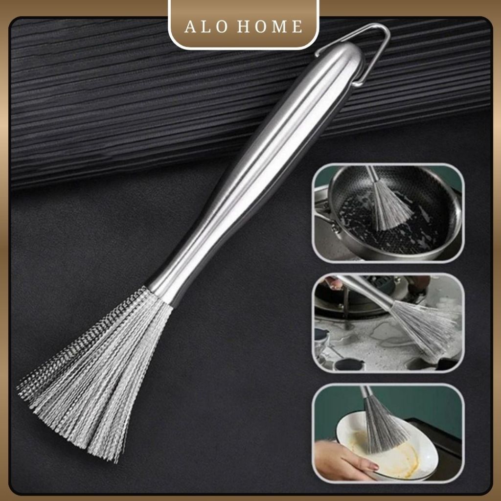 Chổi cọ rửa xoong nồi inox ALOHOME – Bàn chải cọ rửa nhà bếp cán dài, inox không gỉ sét