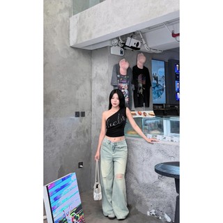 DELIZ - Quần jean nữ ống rộng cạp cao rách gối phong cách trẻ trung trendy DELIZ J418 (đã cắt sẵn khuy)