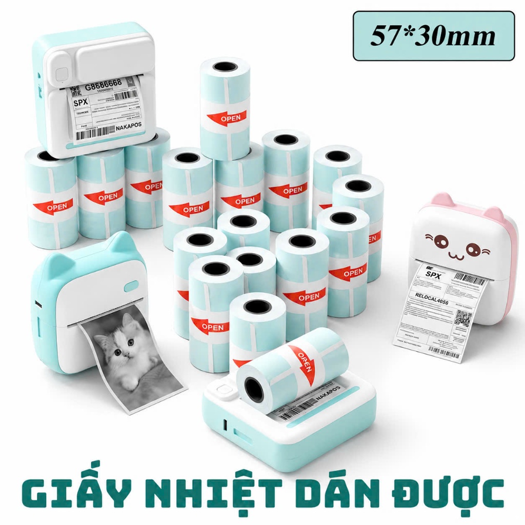 [THÙNG 100 CUỘN] GIẤY IN NHIỆT K57x30 DÁN ĐƯỢC DÀNH CHO MÁY CON MÈO MÁY IN BLUETOOTH CẦM TAY LIÊN TỤC IN K57*30 DECAL