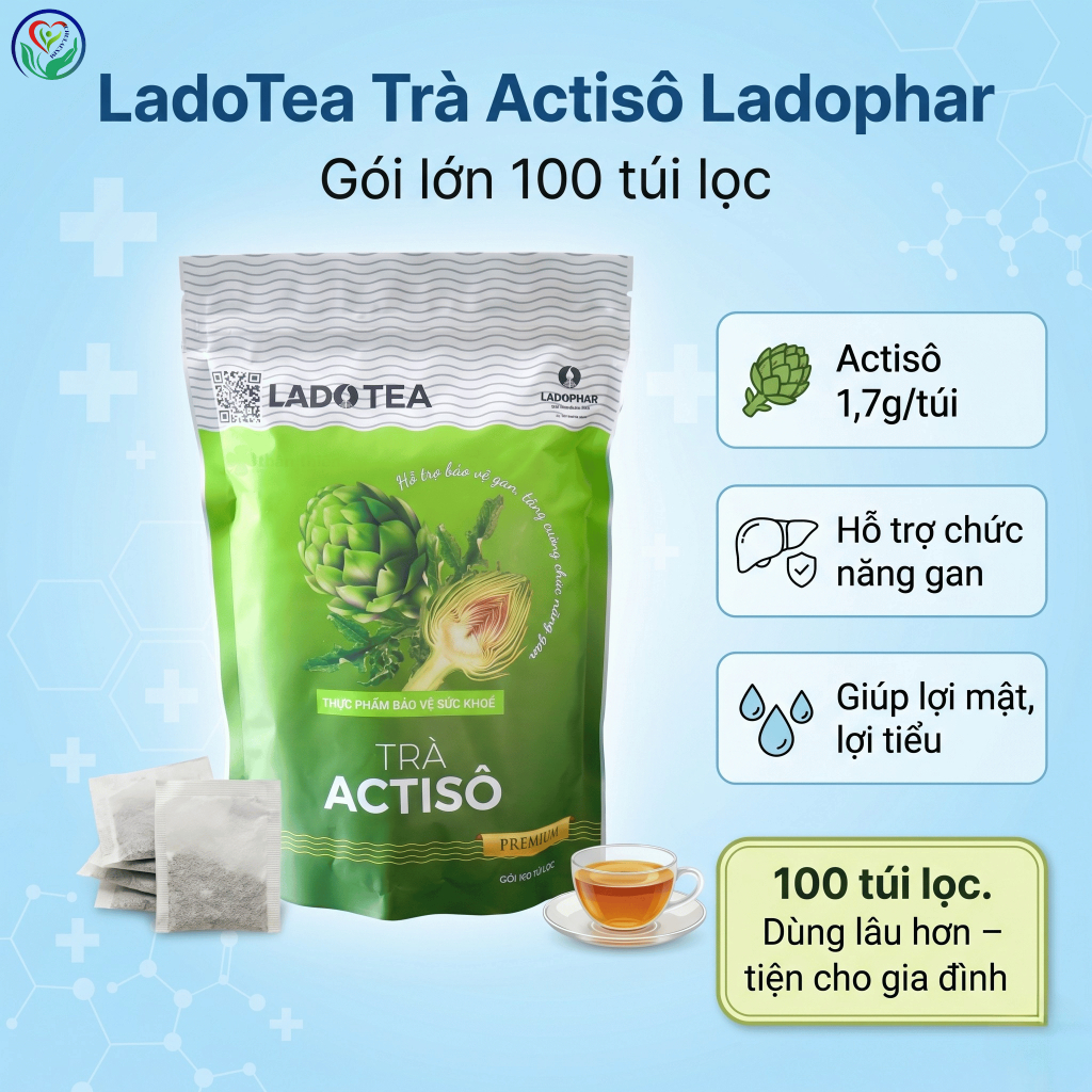 Trà Actisô Ladophar LadoTea gói 100 túi lọc hỗ trợ bảo vệ gan, lợi mật, lợi tiểu