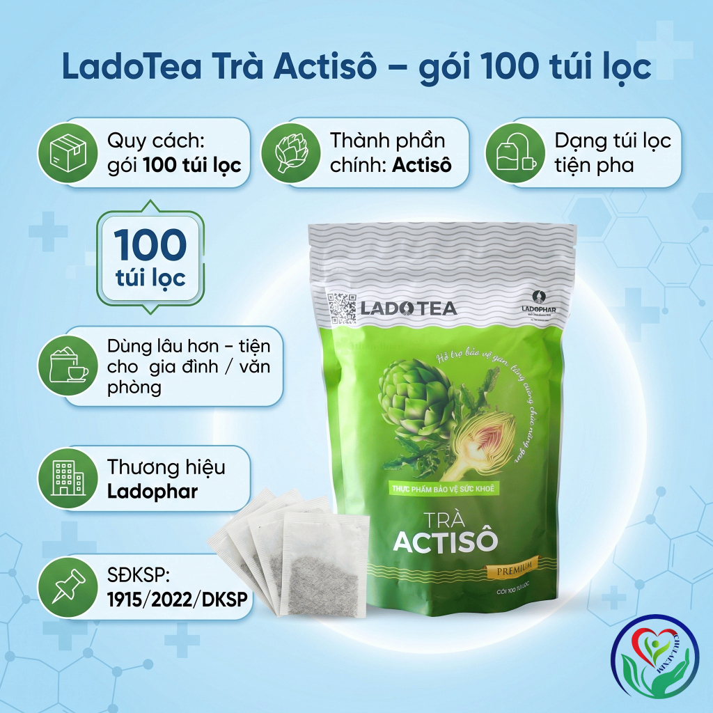 Trà Actisô Ladophar LadoTea gói 100 túi lọc hỗ trợ bảo vệ gan, lợi mật, lợi tiểu