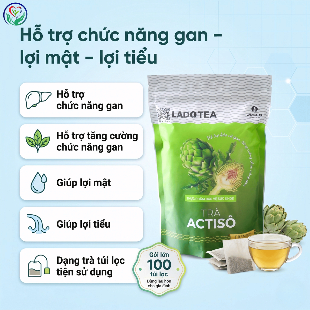 Trà Actisô Ladophar LadoTea gói 100 túi lọc hỗ trợ bảo vệ gan, lợi mật, lợi tiểu