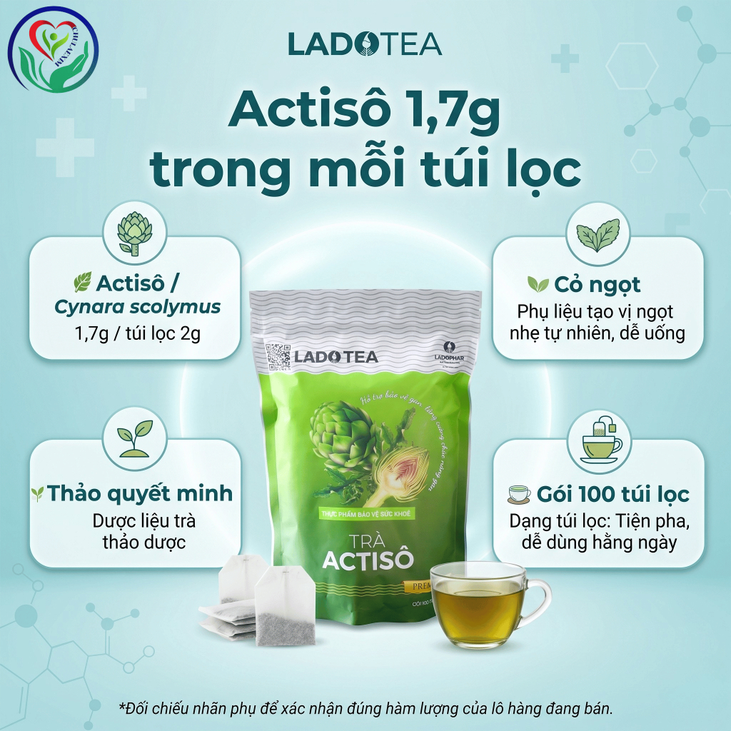 Trà Actisô Ladophar LadoTea gói 100 túi lọc hỗ trợ bảo vệ gan, lợi mật, lợi tiểu