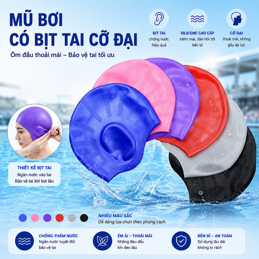 Mũ bơi swimming cap có bịt tai cỡ đại bằng silicone cao cấp co giãn và chống nước cực tốt