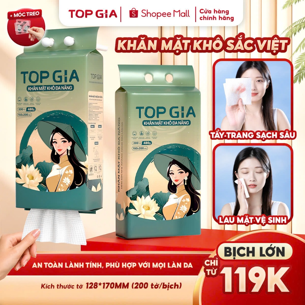 Khăn mặt khô Top Gia treo tường Sắc Việt, dùng 1 lần mềm mịn, an toàn cho da, bịch 200 tờ