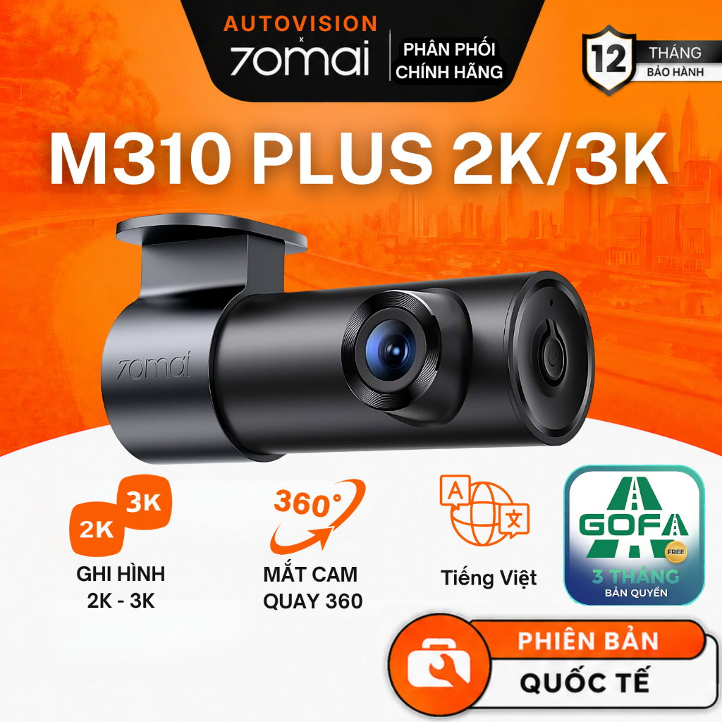 Camera hành trình 70mai M310 PLUS [TẶNG GOFA 3 THÁNG]  - Phiên bản quốc tế, hỗ trợ tiếng Việt, Ghi hình trước 2K, 3K
