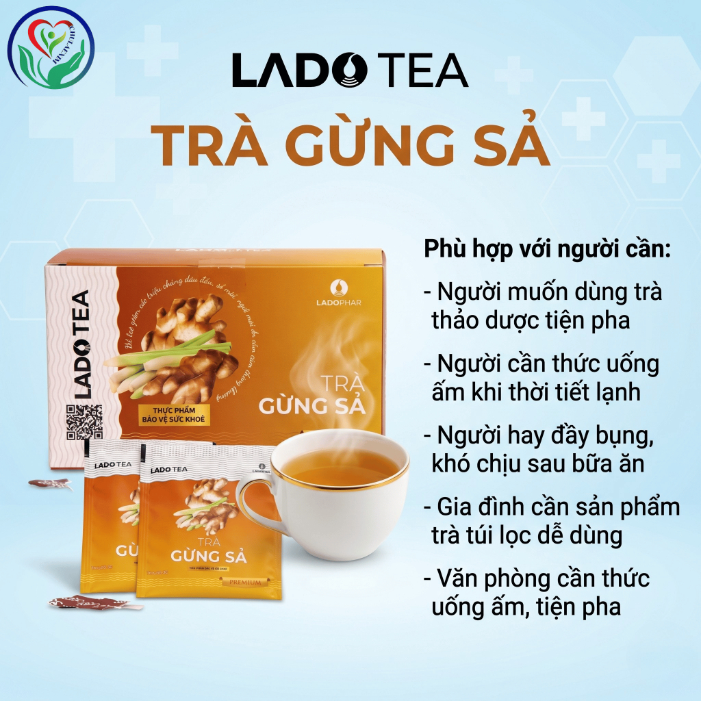 Trà Gừng Sả Ladophar LadoTea 20 túi lọc x 2g hỗ trợ tiêu hóa, giữ ấm cơ thể