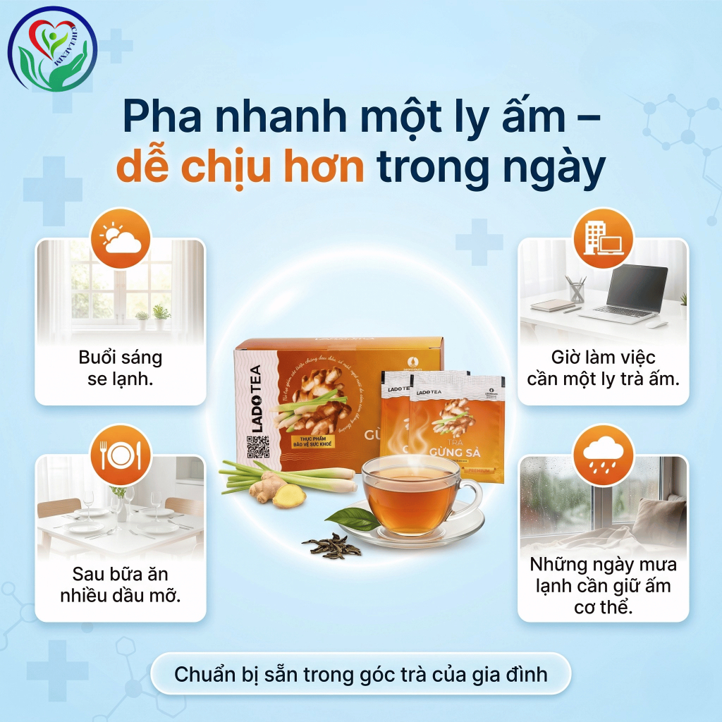 Trà Gừng Sả Ladophar LadoTea 20 túi lọc x 2g hỗ trợ tiêu hóa, giữ ấm cơ thể