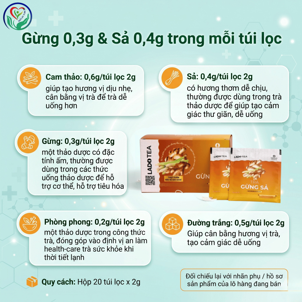 Trà Gừng Sả Ladophar LadoTea 20 túi lọc x 2g hỗ trợ tiêu hóa, giữ ấm cơ thể