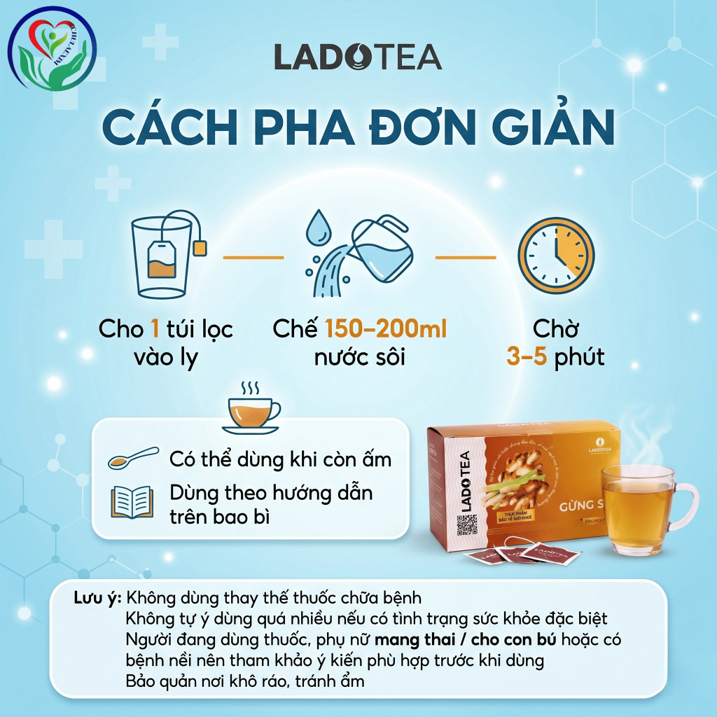 Trà Gừng Sả Ladophar LadoTea 20 túi lọc x 2g hỗ trợ tiêu hóa, giữ ấm cơ thể