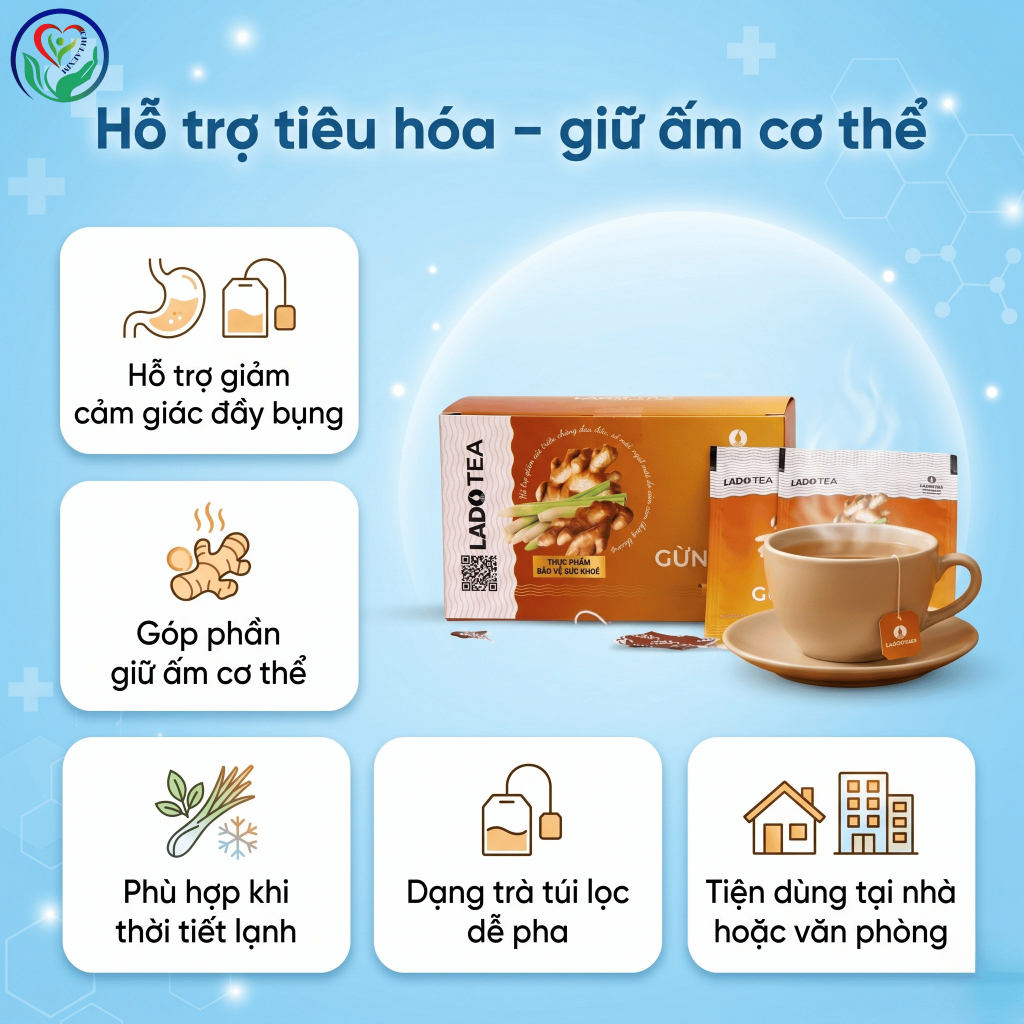 Trà Gừng Sả Ladophar LadoTea 20 túi lọc x 2g hỗ trợ tiêu hóa, giữ ấm cơ thể