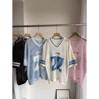 LT - Áo len lưới cổ V chữ số kiểu áo bóng chày cá tính free size 1823