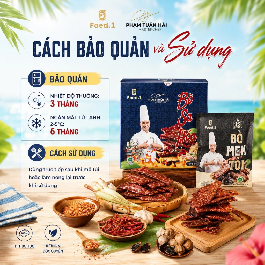 Bò Sa Hỏa Sấy Dẻo Chef Hải | 01 Hộp Gồm 4 Gói 50G | 100% Thịt Bò Tươi Tuyển Chọn, Vị Sả Ớt Thơm Cay, Mềm Dai Đậm Vị