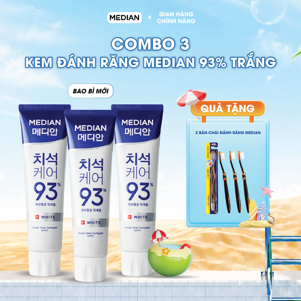 Combo 3 Tuýp Kem Đánh Răng MEDIAN 93% Tartar White Toothpaste Giúp Răng Trắng Sáng, Loại Bỏ Mảng Bám