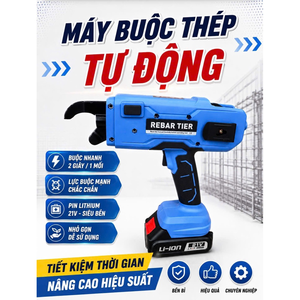 Máy buộc dây thép tự động cầm tay chạy pin chân phổ thông, buộc sắt xây dựng 8-34mm , tặng kèm 2 cuộn dây