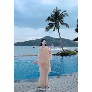 Đầm maxi phối hoa bản to hai màu cam nhạt - trắng SM