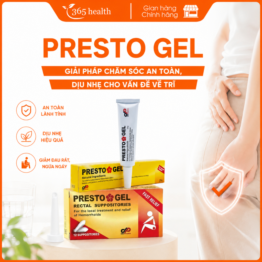 PRESTO GEL - Bôi Tr.ĩ, Giảm Căng Tức, Đau Rát, Cầm Máu, An Toàn Cho Mẹ Bầu (Tuýp 25g/Hộp 12 Viên)