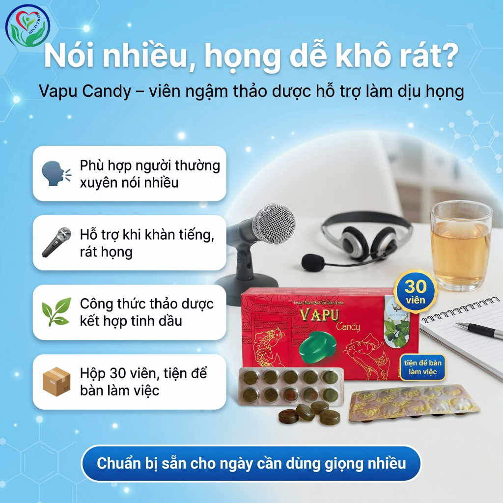 Vapu Candy hộp 30 viên ngậm thảo dược hỗ trợ làm dịu họng, giảm ho có đờm, khàn tiếng