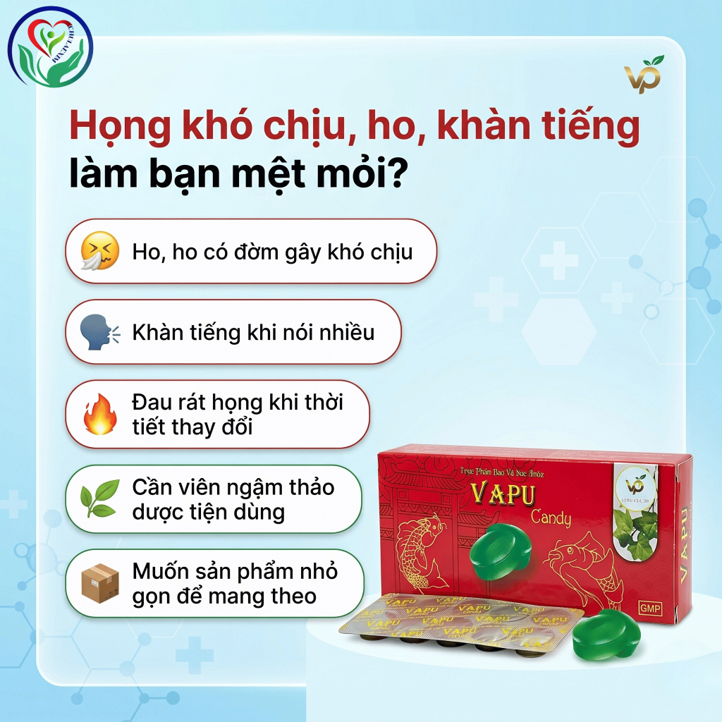 Vapu Candy hộp 30 viên ngậm thảo dược hỗ trợ làm dịu họng, giảm ho có đờm, khàn tiếng