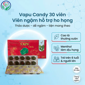 Vapu Candy hộp 30 viên ngậm thảo dược hỗ trợ làm dịu họng, giảm ho có đờm, khàn tiếng