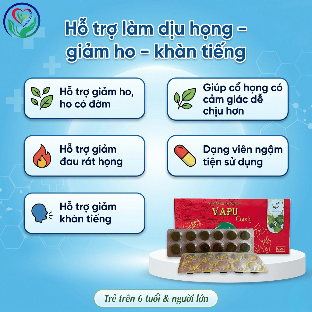 Vapu Candy hộp 30 viên ngậm thảo dược hỗ trợ làm dịu họng, giảm ho có đờm, khàn tiếng