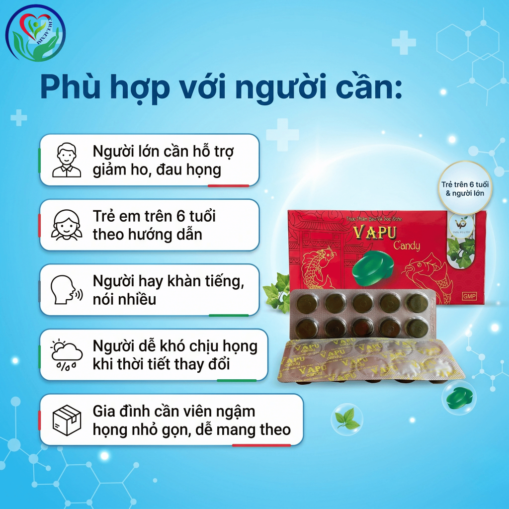 Vapu Candy hộp 30 viên ngậm thảo dược hỗ trợ làm dịu họng, giảm ho có đờm, khàn tiếng