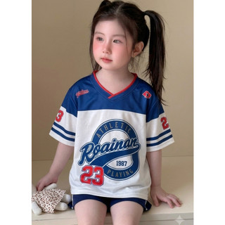 Áo Thể Thao Bé Gái Cổ Tim Phong Cách Athletic - Áo Phông Cộc Tay Form Rộng Cho Bé 9-43kg