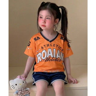 Áo Thể Thao Bé Gái Cổ Tim Phong Cách Athletic - Áo Phông Cộc Tay Form Rộng Cho Bé 9-43kg