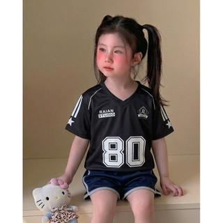 Áo Thể Thao Bé Gái Cổ Tim Phong Cách Athletic - Áo Phông Cộc Tay Form Rộng Cho Bé 9-43kg