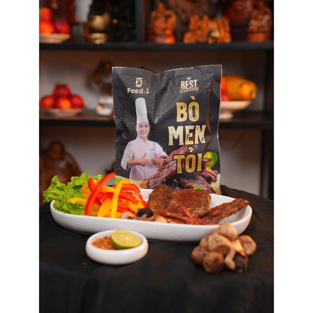Bò Men Tỏi Sấy Dẻo Chef Hải 200G | 100% Thịt Bò Tươi Tuyển Chọn, Mềm Dai Đậm Vị, Không Phẩm Màu