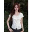 【Élan Sweet】Áo Gân Tăm Cổ Bẻ Phối Áo 2 Dây Thắt Nơ - Áo Cardigan Mỏng Tay Ngắn Viền Bèo Hàn Quốc